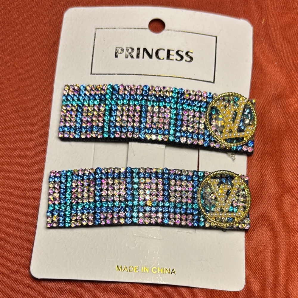 New Blue and Iridescent Rhinestone Hair Clips With Gold Touch